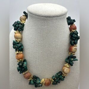 Malachite Chip Necklace Wood Bead Tribal North Africa Artisan Chunky Choker Vtg